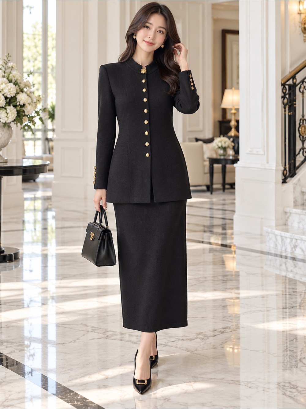 St. John collection Black Knit 2-Piece Skirt Suit Set with Gold Buttons 10